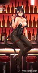Rule 34 | 1girl, animal ears, bar (place), bare shoulders, bell, black hair, black leotard, black pantyhose, breasts, cat ears, cat tail, cleavage, collar, cup, drinking glass, fake animal ears, hair ribbon, hairband, high heels, highleg, highleg leotard, highres, holding, holding cup, jingle bell, kittysuit, large breasts, leotard, long hair, looking at viewer, midnight (banyex), multicolored hair, neck bell, nontraditional playboy bunny, original, pantyhose, parted lips, patreon username, pouring, pouring onto self, red eyes, ribbon, sitting, solo, strapless, strapless leotard, tail, thigh strap, two-tone hair, watermark, web address, wrist cuffs