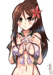 Rule 34 | 10s, 1girl, amagi (kancolle), bad id, bad nicoseiga id, bare shoulders, blush, breasts, brown eyes, brown hair, embarrassed, flower, furisode, hair flower, hair ornament, japanese clothes, kantai collection, kimono, large breasts, long hair, looking at viewer, mole, mole under eye, p.k.f, ponytail, solo, torn clothes, upper body, wavy mouth
