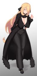 Rule 34 | 1girl, absurdres, aster crowley, black coat, black jacket, black pants, black shirt, blonde hair, blue eyes, breasts, cleavage, closed mouth, coat, creatures (company), curvy, cynthia (pokemon), fur collar, game freak, gradient background, hair ornament, hair over one eye, highres, huge breasts, jacket, lips, long hair, long sleeves, nintendo, pants, pokemon, pokemon dppt, puffy nipples, shirt, smile, solo, standing, thick thighs, thighs, very long hair, white background