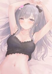 Rule 34 | 1girl, armpits, arms up, bandaid, bandaid on face, bed sheet, black camisole, blush, bow, breasts, camisole, cleavage, collarbone, gameso, grey hair, hair bow, hair spread out, heart, highres, idolmaster, idolmaster shiny colors, light smile, looking at viewer, lying, medium breasts, navel, on back, purple eyes, ribbed camisole, solo, twintails, upper body, yukoku kiriko