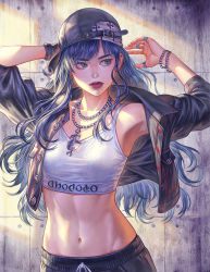Rule 34 | 1girl, abs, alternate costume, arina nary, arm behind head, armpits, arms up, baseball cap, black gloves, black hat, black jacket, black pants, blue eyes, blue hair, bra, bracelet, buttons, chain necklace, collarbone, commentary, cowboy shot, cropped jacket, expressionless, final fantasy, final fantasy xiv, gaia (ff14), gloves, grey background, hat, highres, hyur, jacket, jewelry, leather, leather jacket, long hair, looking to the side, midriff, navel, necklace, open clothes, open jacket, pants, realistic, red lips, ring, sideways glance, sideways hat, single glove, solo, sports bra, square enix, standing, underwear, wavy hair, white bra