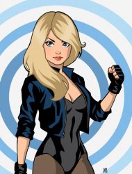 Rule 34 | 1girl, abstract background, artist request, black canary, blonde hair, blue eyes, choker, clenched hand, dc comics, fingerless gloves, jacket, leotard, looking at viewer, solo, source request