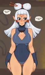 Rule 34 | 1girl, afrobull, alternate costume, arms at sides, artist name, bad id, bad pixiv id, bare shoulders, blue leotard, blunt bangs, blush, breasts, brown eyes, cleavage, cleavage cutout, clothing cutout, cowboy shot, english text, facial mark, forehead mark, gluteal fold, hair ornament, hair stick, hair tubes, highres, jewelry, large breasts, leotard, long hair, looking at viewer, looking to the side, necklace, nintendo, paya (zelda), pointy ears, solo, speech bubble, the legend of zelda, the legend of zelda: breath of the wild, trembling, turtleneck, wavy mouth, white hair