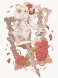 Rule 34 | 1girl, asymmetrical legwear, capelet, closed eyes, commentary, corset, dress, english commentary, floral background, flower, frilled dress, frilled sleeves, frills, from side, full body, gothic lolita, hair flower, hair ornament, hairband, hanny (uirusu chan), highres, hina tachibana (hanny), lolita fashion, lolita hairband, mary janes, mismatched legwear, original, over-kneehighs, pale skin, petals, puffy sleeves, red flower, red hair, red rose, rose, shoes, short hair, socks, solo, thighhighs, white capelet, white corset, white dress, white flower, white footwear, white rose, white socks, white thighhighs