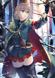 Rule 34 | 1girl, aiguillette, arm up, armband, belt, bismarck (warship girls r), black gloves, black jacket, black shirt, black thighhighs, blonde hair, blue eyes, boots, branch, buttons, cape, cowboy shot, cross, day, double-breasted, epaulettes, eyebrows, gloves, gold trim, hair between eyes, high belt, iron cross, jacket, long sleeves, looking to the side, melting, military, military uniform, miniskirt, open mouth, outdoors, pleated skirt, red skirt, shirt, skirt, snow, solo, standing, teeth, thigh boots, thighhighs, tree, tsubasa19900920, uniform, warship girls r, water drop, zettai ryouiki