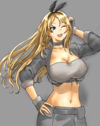 Rule 34 | 1girl, black hairband, blonde hair, blue eyes, breasts, choker, cleavage, commentary request, cowboy shot, cropped jacket, fingerless gloves, gloves, grey background, grey gloves, grey jacket, grey skirt, hairband, hand on own hip, highres, jacket, kantai collection, large breasts, long hair, looking to the side, midriff, mrdotd, nelson (kancolle), one eye closed, race queen, simple background, skirt, solo, strapless, tube top