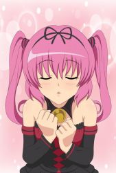 Rule 34 | 1girl, bare shoulders, bent over, blush, breasts, brooch, cleavage, closed eyes, detached sleeves, dress, female focus, gradient background, hair ribbon, incoming kiss, jewelry, kiss, long hair, nana asta deviluke, pink hair, pink theme, ribbon, solo, strapless, strapless dress, to love-ru, twintails