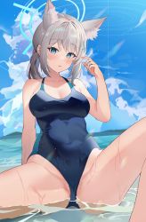 Rule 34 | 1girl, absurdres, animal ear fluff, animal ears, blue archive, blue eyes, blue sky, blush, breasts, cleavage, cloud, collarbone, competition swimsuit, covered navel, cross hair ornament, crotch, day, extra ears, grey hair, hair ornament, halo, hand up, highres, jbell, medium breasts, one-piece swimsuit, outdoors, parted lips, ponytail, shiroko (blue archive), shiroko (swimsuit) (blue archive), sidelocks, sitting, sky, solo, swimsuit, thighs, water, wet, wolf ears