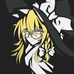 Rule 34 | 1girl, bad id, bad pixiv id, bespectacled, black background, black hat, blonde hair, bow, closed mouth, commentary, cowboy shot, duojiaomaotou-tougarashi, english commentary, glasses, hair between eyes, hair bow, hat, hat bow, highres, kirisame marisa, long hair, round eyewear, simple background, smile, solo, touhou, white bow, witch hat, yellow eyes