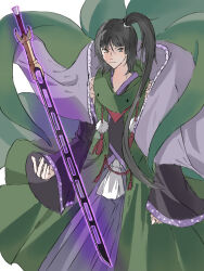 Rule 34 | 1other, adagumo no yaorochi, androgynous, bare shoulders, black hair, black kimono, black sleeves, blue hakama, blue skirt, cape, cape lift, clenched hand, closed mouth, coat, detached sleeves, eyelashes, feet out of frame, frilled cape, frown, glowing, glowing sword, glowing weapon, green coat, green eyes, green scarf, hakama, hakama skirt, highres, japanese clothes, kimono, len&#039;en, long hair, long sleeves, looking at viewer, multiple tails, neckerchief, other focus, outstretched hand, pom pom (clothes), ponytail holder, purple cape, purple trim, red neckerchief, scarf, side ponytail, skirt, sleeveless, sleeveless coat, sleeveless kimono, sleeves past wrists, slit pupils, snake tail, solo, sword of kusanagi, tail, tasouken, tassel, telekinesis, v-shaped eyebrows, weapon, white background, wide sleeves, yoni.
