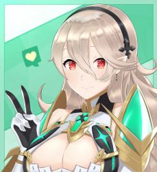 Rule 34 | 1girl, arcedo, armor, blush, breasts, cleavage, commission, corrin (female) (fire emblem), corrin (fire emblem), cosplay, crossover, dress, fire emblem, fire emblem fates, gloves, hair between eyes, hair ornament, hairband, hal laboratory, intelligent systems, jewelry, large breasts, long hair, looking at viewer, monolith soft, mythra (xenoblade), mythra (xenoblade) (cosplay), nintendo, pointy ears, possessed, possession, red eyes, silver hair, smile, solo, spirit (super smash bros.), super smash bros., upper body, xeno (series), xenoblade chronicles (series), xenoblade chronicles 2
