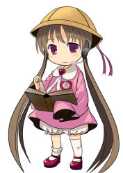Rule 34 | 1girl, bloomers, book, brown hair, child, chiyomi, hat, headset, kindergarten, kindergarten uniform, long hair, long sleeves, looking at viewer, name tag, school hat, simple background, smile, solo, tsukuyomi ai, twintails, underwear, very long hair, vocaloid, voiceroid, white background