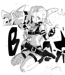 Rule 34 | absurdres, arcane: league of legends, arm tattoo, bandaid, bandaid on knee, bandaid on leg, bare shoulders, belt, belt buckle, boots, buckle, bullet, choker, ddari, elbow gloves, english text, explosion, fingerless gloves, fingernails, fishnet thighhighs, fishnets, gloves, grenade pin, greyscale, gun, hair between eyes, highres, holding, holding gun, holding weapon, jewelry, jinx (league of legends), league of legends, long hair, monochrome, necklace, open mouth, single thighhigh, solo, stomach tattoo, tattoo, thighhighs, twintails, weapon