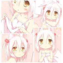 Rule 34 | 1girl, :&lt;, animal ears, bad id, bad pixiv id, clothes lift, dress, dress lift, ears down, expressionless, fox ears, fox tail, hair ornament, hand on own chest, irotoridori no sekai, minamashiro, multiple views, off shoulder, out-of-frame censoring, pink hair, ren (irotoridori no sekai), short hair, sleeveless, sleeveless dress, sundress, tail, yellow eyes