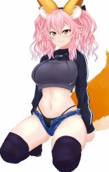 Rule 34 | 1girl, animal ear fluff, animal ears, black jacket, black panties, black thighhighs, blush, breasts, closed mouth, commentary, cutoffs, denim, denim shorts, drawstring, fate/extra, fate (series), fox ears, fox girl, fox tail, full body, hair between eyes, hair ribbon, highleg, highleg panties, highres, jacket, kneeling, large breasts, long hair, long sleeves, looking at viewer, midriff, navel, open clothes, open shorts, panties, pink hair, ribbon, shorts, shrug (clothing), sidelocks, simple background, skindentation, smile, solo, sports bra, tail, tamamo (fate), tamamo no mae (fate/extra), taut clothes, thighhighs, underwear, viperxtr, white background, yellow eyes