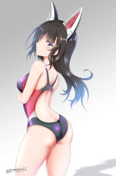 Rule 34 | 1girl, agatsuma kaede, alice gear aegis, arched back, arm under breasts, ass, backless swimsuit, bare shoulders, black hair, black one-piece swimsuit, blush, breasts, butt crack, closed mouth, commentary request, competition swimsuit, gradient background, grey background, hair between eyes, highres, long hair, looking at viewer, looking back, medium breasts, one-piece swimsuit, purple eyes, solo, standing, swimsuit, tamayan, twitter username, white background