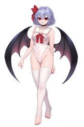 Rule 34 | 1girl, armpits, bat wings, bow, breasts, collarbone, fang, feet, hair bow, highres, legs, leotard, looking at viewer, nail polish, navel, no shoes, purple hair, red eyes, red nails, remilia scarlet, short hair, simple background, small breasts, smile, solo, stirrup legwear, sudako (dai011305), thighhighs, thighs, toeless legwear, toenail polish, toenails, toes, touhou, vampire, white background, wings