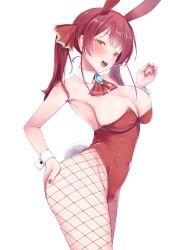 Rule 34 | 1girl, animal ears, armpits, arrow through heart, ascot, ass, blush, breasts, brooch, cleavage, covered navel, detached collar, fake animal ears, fake tail, fishnet pantyhose, fishnets, hair ribbon, hand on own ass, heterochromia, highres, hololive, houshou marine, ichi-go, jewelry, large breasts, leotard, long hair, looking at viewer, nail polish, open mouth, pantyhose, playboy bunny, rabbit ears, rabbit tail, red ascot, red eyes, red hair, red leotard, red nails, red ribbon, ribbon, sideboob, simple background, smile, solo, strapless, strapless leotard, tail, twintails, virtual youtuber, white background, wrist cuffs, yellow eyes