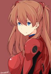 Rule 34 | 1girl, blue eyes, bodysuit, breasts, brown hair, closed mouth, hair ornament, interface headset, kichihachi, long hair, looking at viewer, looking to the side, medium breasts, neon genesis evangelion, plugsuit, red background, red bodysuit, shiny clothes, simple background, skin tight, smile, solo, souryuu asuka langley, twitter username, two side up, upper body