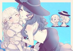 Rule 34 | 2girls, ass, back, bare shoulders, bikini, blue background, blush, bracelet, breasts, chibi, cleavage, closed eyes, closed mouth, collarbone, commentary request, dorothea arnault, earrings, fire emblem, fire emblem: three houses, fire emblem heroes, flower, flying sweatdrops, from side, groin, hair flower, hair ornament, hat, ingrid brandl galatea, jewelry, kasu (96ks 3h), large breasts, lipstick, long hair, looking at another, looking at viewer, makeup, midriff, multiple girls, nail polish, navel, nintendo, off-shoulder bikini, off shoulder, one eye closed, open mouth, parted lips, sarong, sidelocks, simple background, sitting, smile, sun hat, swimsuit, twitter username, wariza, weapon