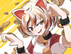Rule 34 | 1girl, animal ears, bell, calico, cat ears, cat girl, claw pose, coin, commentary request, fang, gesture, gold, goutokuji mike, highres, jingle bell, koban (gold), maneki-neko, maou nerunerune, multicolored hair, multicolored shirt, neck bell, open mouth, orange eyes, patch, patchwork clothes, paw pose, puffy short sleeves, puffy sleeves, short hair, short sleeves, solo, streaked hair, touhou, upper body, white hair