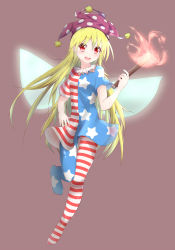 Rule 34 | 1girl, american flag dress, american flag legwear, blonde hair, clownpiece, fairy wings, full body, hat, highres, hiro (pqtks113), jester cap, long hair, open mouth, pantyhose, red eyes, smile, solo, torch, touhou, very long hair, wings