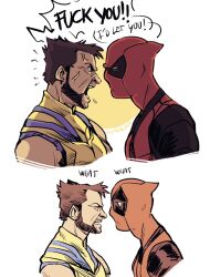 Rule 34 | 2boys, angry, artist name, beard, bodysuit, brown hair, commentary, deadpool, deadpool &amp; wolverine, deadpool (series), english commentary, english text, facial hair, flyingrotten, highres, looking at another, male focus, marvel, mature male, multiple boys, muscular, open mouth, red bodysuit, red mask, screaming, short hair, sleeveless, teeth, two-tone bodysuit, veins, wolverine (x-men), x-men, yaoi, yellow bodysuit