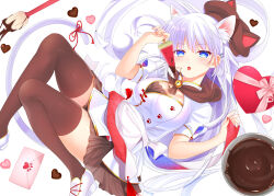 Rule 34 | 1girl, adapted costume, animal ear fluff, animal ear headwear, animal ears, apron, bell, beret, black skirt, black thighhighs, blue eyes, blunt ends, box, breasts, brown hat, candy, cat ears, cat girl, cat tail, china dress, chinese clothes, chocolate, chocolate heart, cleavage, cleavage cutout, clothing cutout, commentary, dress, english commentary, fake animal ears, fang, fingernails, food, food in mouth, foot out of frame, from above, hair between eyes, hair ornament, hair spread out, hairclip, hands up, hat, heart, heart-shaped box, heart print, highres, jingle bell, kemonomimi mode, large breasts, letter, long hair, looking at viewer, love letter, lying, miniskirt, naruse shiroha, neck bell, on back, open mouth, otou (otou san), paw print, popsicle, popsicle in mouth, print dress, red ribbon, ribbon, ringed eyes, short sleeves, simple background, skirt, solo, summer pockets, tail, tail ornament, tail ribbon, thighhighs, thighs, valentine, very long hair, waist apron, watermelon bar, white apron, white background, white dress, zettai ryouiki