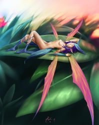 Rule 34 | 1girl, arched back, arm behind head, breasts, fairy, flower, groin, hayden mackenzie, haydenm, highres, leaf, lying, navel, nipples, nude, on back, plant, pointy ears, purple hair, small breasts, solo, wings