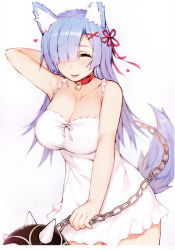 Rule 34 | 10s, 1girl, :p, ^ ^, absurdres, alternate breast size, alternate costume, alternate hair length, alternate hairstyle, animal ears, arm up, ball and chain (weapon), bare arms, bare shoulders, blunt bangs, blush, breasts, chain, cleavage, closed eyes, closed mouth, collar, collarbone, dress, flail, fox ears, fox tail, hair ornament, hair over one eye, hair ribbon, heart, highres, holding, holding weapon, kemonomimi mode, large breasts, long hair, morning star, mukka, re:zero kara hajimeru isekai seikatsu, red ribbon, rem (re:zero), ribbon, simple background, sleeveless, sleeveless dress, smile, solo, spiked ball and chain, sundress, sweat, tail, tongue, tongue out, weapon, white background, white dress, white ribbon, x hair ornament