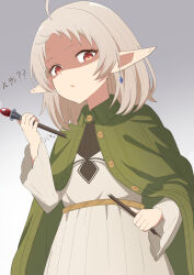 1girl absurdres ahoge akure1129 anger_vein angry broken broken_wand cape collared_cape commentary diamond_earrings dress earrings elf gradient_background green_cape grey_background grey_dress grey_hair highres jealous jewelry looking_at_viewer medium_hair mushoku_tensei orange_eyes parted_lips pleated_dress pointy_ears shaded_face single_earring solo sylphiette_(mushoku_tensei) translation_request upper_body wand