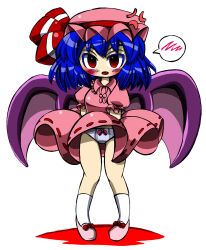 1girl anger_vein angry bat_wings blood blue_hair blush bow bow_panties dress fang footwear_bow hat hat_bow lkagami looking_at_viewer mob_cap open_mouth panties pink_dress pink_footwear pink_hat puffy_sleeves red_bow red_eyes remilia_scarlet shoes short_hair short_sleeves socks speech_bubble spoken_blush standing touhou underwear vampire white_background white_panties white_socks wind wind_lift wings