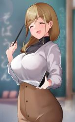 Rule 34 | 1girl, ^ ^, absurdres, aged up, blonde hair, breasts, buttons, chalkboard, closed eyes, high-waist skirt, highres, holding, holding notebook, inuyama aoi, large breasts, md5 mismatch, notebook, open mouth, resolution mismatch, sezok, skirt, smile, solo, source larger, teacher, upper body, yurucamp, yurucamp movie