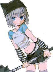 Rule 34 | 1girl, :3, animal ear headwear, arm warmers, arms at sides, belt, black arm warmers, black hair, blue eyes, blue shirt, clenched hands, closed mouth, cowboy shot, crop top, fake animal ears, frilled skirt, frills, grey hair, grey thighhighs, highres, holding, holding staff, holding weapon, leaning, leaning forward, looking ahead, medium hair, navel, original, pleated skirt, shirt, short sleeves, simple background, skirt, solo, staff, standing, striped arm warmers, striped clothes, t-shirt, thighhighs, two-tone shirt, umipi, weapon, white arm warmers, white background, white belt, white shirt, wispy bangs