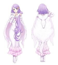 absurdres anastasia_hoshin blue_eyes bob_cut cloak commission dress finger_to_mouth foxie30 hair_ornament hairpin highres purple_hair re:zero_kara_hajimeru_isekai_seikatsu severed_hair short_hair shushing white_cloak white_dress white_footwear