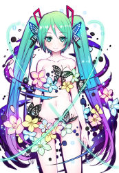 Rule 34 | 1girl, bad id, bad pixiv id, blue hair, breasts, bug, butterfly, butterfly hair ornament, cowboy shot, flower, gradient hair, green eyes, green hair, hair ornament, hatsune miku, highres, bug, long hair, looking at viewer, multicolored hair, navel, nude, purple hair, solo, twintails, very long hair, vocaloid, white background