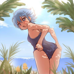 Rule 34 | 1girl, adjusting clothes, adjusting swimsuit, ass, bent over, blue eyes, blue hair, blue one-piece swimsuit, blue sky, blurry, blurry foreground, blush, breasts, day, embarrassed, from behind, hair between eyes, highres, looking at viewer, looking back, nishijima waon, ocean, ogry ching, one-piece swimsuit, open mouth, precure, school swimsuit, short hair, sky, small breasts, solo, standing, suite precure, sweatdrop, swimsuit