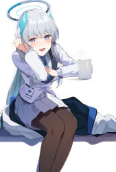 Rule 34 | 1girl, black pantyhose, blue archive, blue necktie, blush, breasts, collared shirt, commentary request, cup, feet out of frame, grey hair, halo, highres, invisible table, jacket, large breasts, leglet4, long hair, long sleeves, looking at viewer, mechanical halo, necktie, noa (blue archive), open mouth, pantyhose, pleated skirt, purple eyes, shirt, simple background, sitting, skirt, smile, solo, unworn jacket, vest, white background, white shirt, white skirt, white vest