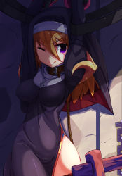 Rule 34 | 1girl, :q, ;q, arms up, bad id, bad pixiv id, bdsm, blonde hair, bondage, bound, breasts, collar, habit, highres, impossible clothes, impossible shirt, large breasts, nun, one eye closed, ooyama kina, priest (ragnarok online), purple eyes, ragnarok online, shirt, solo, tears, tongue, tongue out, wink