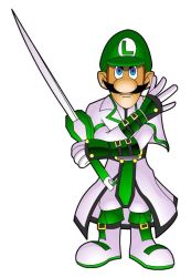 Rule 34 | 1boy, arc system works, cosplay, crossover, full body, guilty gear, ky kiske, ky kiske (cosplay), luigi, male focus, mario (series), nintendo, parody, simple background, solo, sword, toon (style), weapon, white background