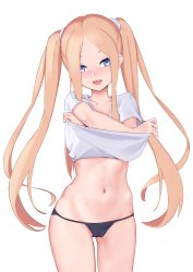 Rule 34 | 1girl, abigail williams (fate), black panties, blonde hair, blouse, blue eyes, blush, breasts, clothes lift, fate/grand order, fate (series), forehead, highres, jilu, long hair, looking at viewer, navel, open mouth, panties, parted bangs, shirt, small breasts, smile, solo, thighs, underwear, white shirt