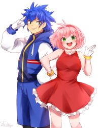 Rule 34 | 1boy, 1girl, :d, amy rose, bare shoulders, blue hair, blue shorts, bob cut, bracelet, breasts, dress, gloves, green eyes, grin, hairband, highres, humanization, jacket, jewelry, long sleeves, looking at viewer, medium breasts, open mouth, pink hair, red dress, red hairband, salute, short hair, shorts, smile, sonic (series), sonic the hedgehog, spiked hair, standing, tasikyu, two-finger salute, white gloves