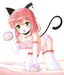 Rule 34 | 1girl, absurdres, animal ears, animal hat, bell, neck bell, blush, cat, cat ears, cat girl, cat hat, cat tail, chiyoda momo, collar, hat, highres, lingerie, machikado mazoku, open mouth, panties, paw pose, sesturikka, solo, tail, thighhighs, underwear, underwear only