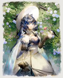 Rule 34 | 1girl, animal, arknights, astesia (arknights), astesia (starseeker) (arknights), bird, black gloves, black ribbon, blue dress, blue eyes, blue flower, blue hair, breasts, bright pupils, bush, cleavage, closed mouth, cowboy shot, cup, day, dress, elbow gloves, flower, gloves, hair intakes, hat, highres, holding, holding cup, layered dress, long hair, medium breasts, official alternate costume, outdoors, puffy short sleeves, puffy sleeves, red flower, ribbon, saucer, short sleeves, smile, solo, teacup, twitter username, white dress, white hat, yuji (fantasia)