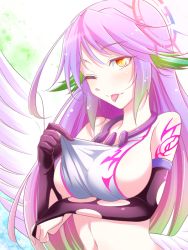 Rule 34 | 1girl, ;p, angel wings, blush, breast hold, breasts, bridal gauntlets, commentary request, spiked halo, crop top, cross, feathered wings, gloves, gradient eyes, gradient hair, halo, jibril (no game no life), kachirou, large breasts, long hair, looking at viewer, low wings, magic circle, midriff, multicolored eyes, multicolored hair, navel, no game no life, one eye closed, orange eyes, pink hair, purple hair, sideboob, solo, symbol-shaped pupils, tattoo, tongue, tongue out, very long hair, white wings, wing ears, wings, yellow eyes