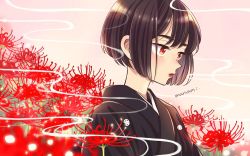 Rule 34 | 1girl, black hair, black kimono, blush, closed mouth, commentary, flower, from side, japanese clothes, kimono, lipstick, makeup, mole, mole under eye, original, pink background, red eyes, red flower, red lips, signature, solo, spider lily, sugano manami, upper body
