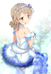 Rule 34 | 10s, 1girl, bare back, bare shoulders, blush, brown eyes, clock, drill hair, from behind, gloves, idolmaster, idolmaster cinderella girls, idolmaster cinderella girls starlight stage, jewelry, mizuki makoto, morikubo nono, necklace, open mouth, pearl necklace, solo, starry sky bright, thighhighs, tiara, white gloves, white thighhighs
