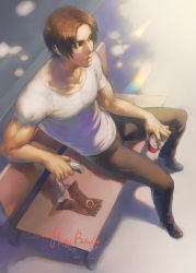 Rule 34 | 1boy, bench, brown eyes, brown hair, drink, fingerless gloves, gloves, gradient background, headband, highres, jacket, kusanagi kyou, male focus, shirt, short hair, snk, solo, spade-m, t-shirt, the king of fighters