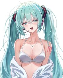 Rule 34 | 1girl, aqua eyes, aqua hair, arm tattoo, bare shoulders, blush, bra, breasts, collarbone, commentary, elpuchi, gem, glint, green gemstone, hair between eyes, hair ornament, hatsune miku, headphones, headset, highres, jewelry, lace, lace-trimmed bra, lace trim, large breasts, long hair, looking at viewer, microphone, necklace, number tattoo, off shoulder, open clothes, open shirt, shirt, simple background, smile, solo, tattoo, teeth, twintails, underwear, unkempt, upper body, very long hair, vocaloid, white background, white bra, white shirt