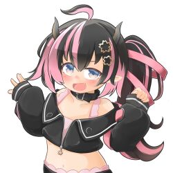 Rule 34 | 1girl, ahoge, belt, belt collar, black belt, black hair, black jacket, black skirt, blue eyes, blush, bra, collar, cropped jacket, demon girl, demon horns, earrings, fang, flat chest, flower, grey horns, hair flower, hair ornament, hair ribbon, horns, jacket, jewelry, kica28v, long hair, long sleeves, looking at viewer, midriff, multicolored hair, nanashi inc., navel, off shoulder, oinomori may, oinomori may (1st costume), one side up, open clothes, open jacket, open mouth, pink bra, pink hair, pink ribbon, pointy ears, ribbon, simple background, single earring, skirt, sleeves past wrists, smile, solo, sugar lyric, two-tone hair, underwear, upper body, virtual youtuber, white background